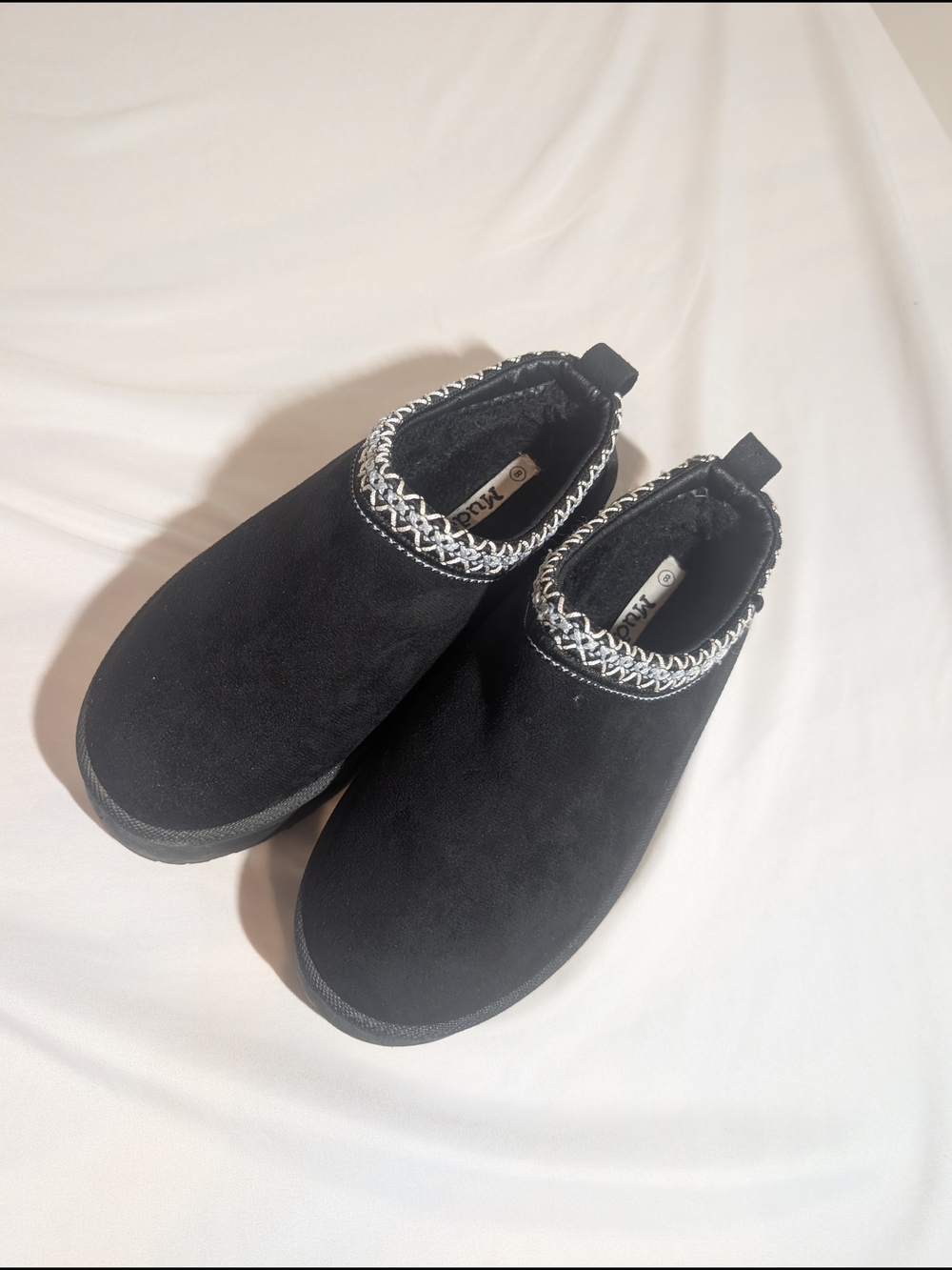 Mudd Black Slip-On Fleece-Lined Platform Slippers with White Braided Trim